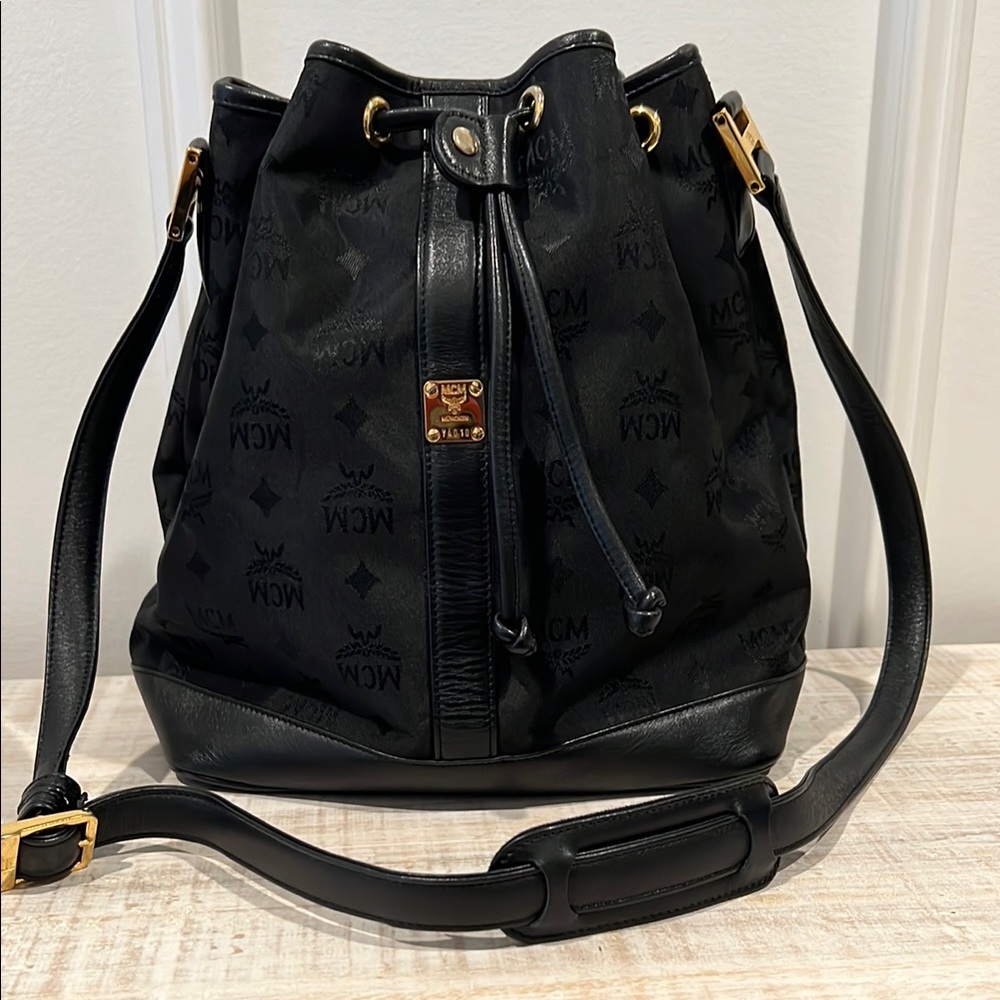 MCM Black Monogram Bucket Bag with Drawstring NWOT